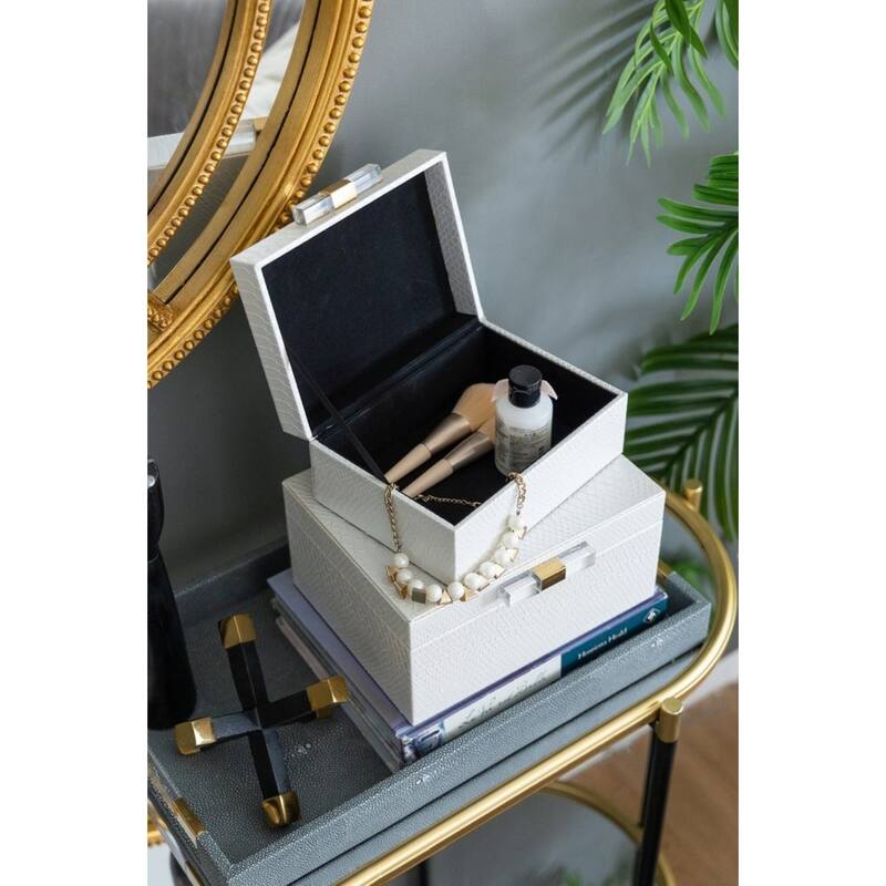 Faux Snakeskin Leather Boxes - 10.25" - White - Set of 2