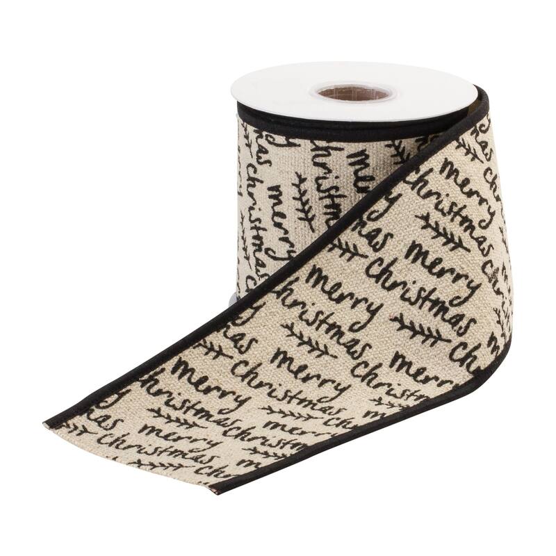 "Merry Christmas" Wired Craft Ribbon - 4" x 5 Yards - Beige and Black