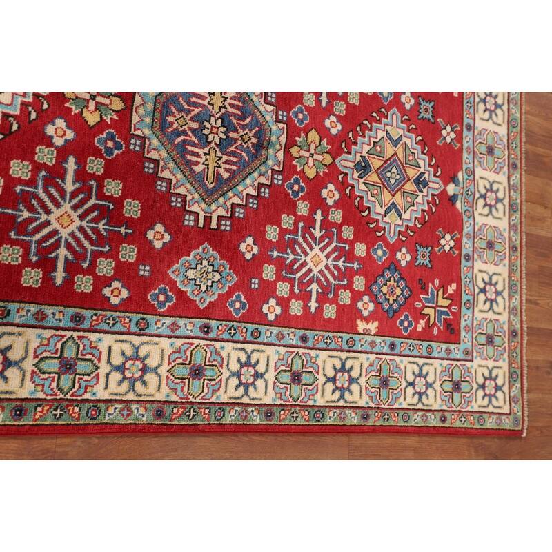 Geometric Red Kazak Oriental Area Rug Bedroom Hand-Knotted Wool Carpet - 3'11"x 6'0"