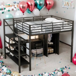 Full Size Metal Loft Bed With Table Set and Wardrobe