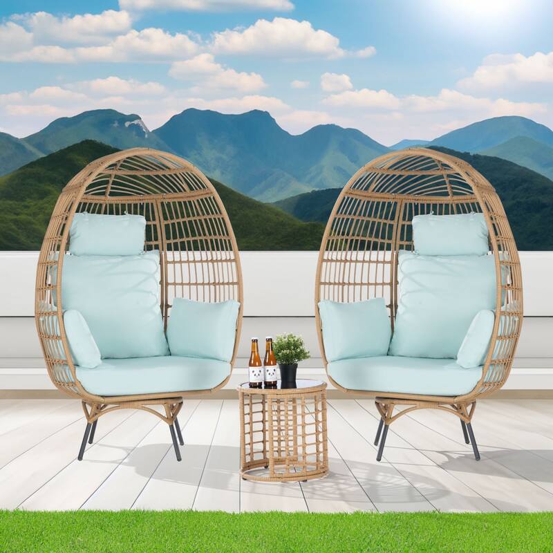 SANSTAR Set of 2 Patio Oversized Swivel Brown Wicker Egg Chairs with Cushions