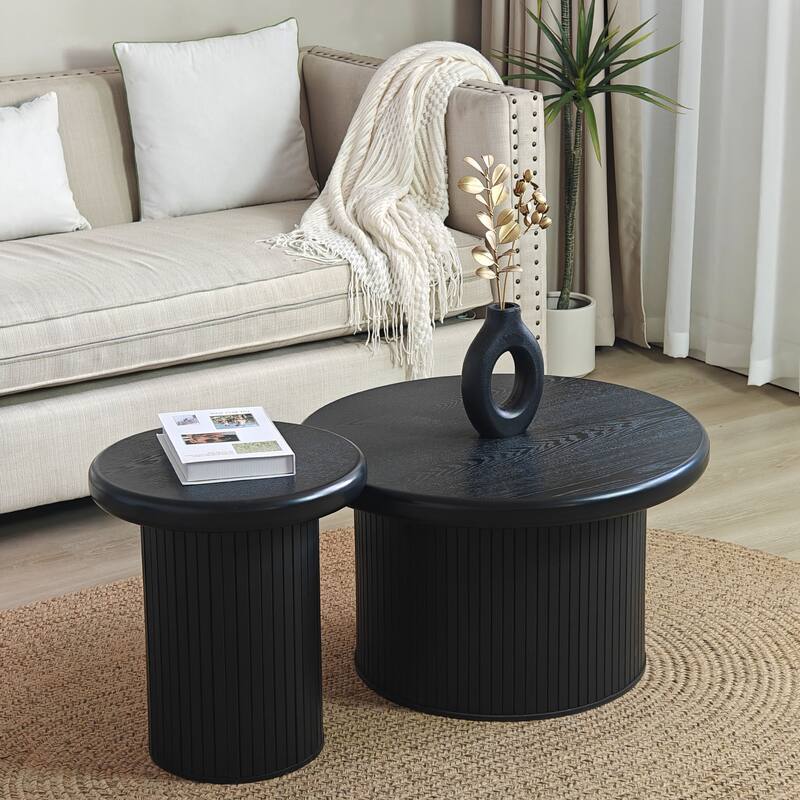 Roomfitters Modern Round Coffee Table Set with Fluted Leg Design, 2-Piece Dual Table Combination, Black Finish