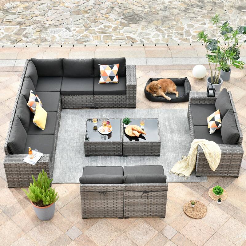 OVIOS Patio Wicker Furniture Wide Arm 12-piece Set with Table