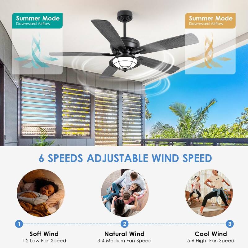 52 Inch Indoor and Outdoor Farmhouse Ceiling Fan with Light DC motor Wooden Blades Waterproof