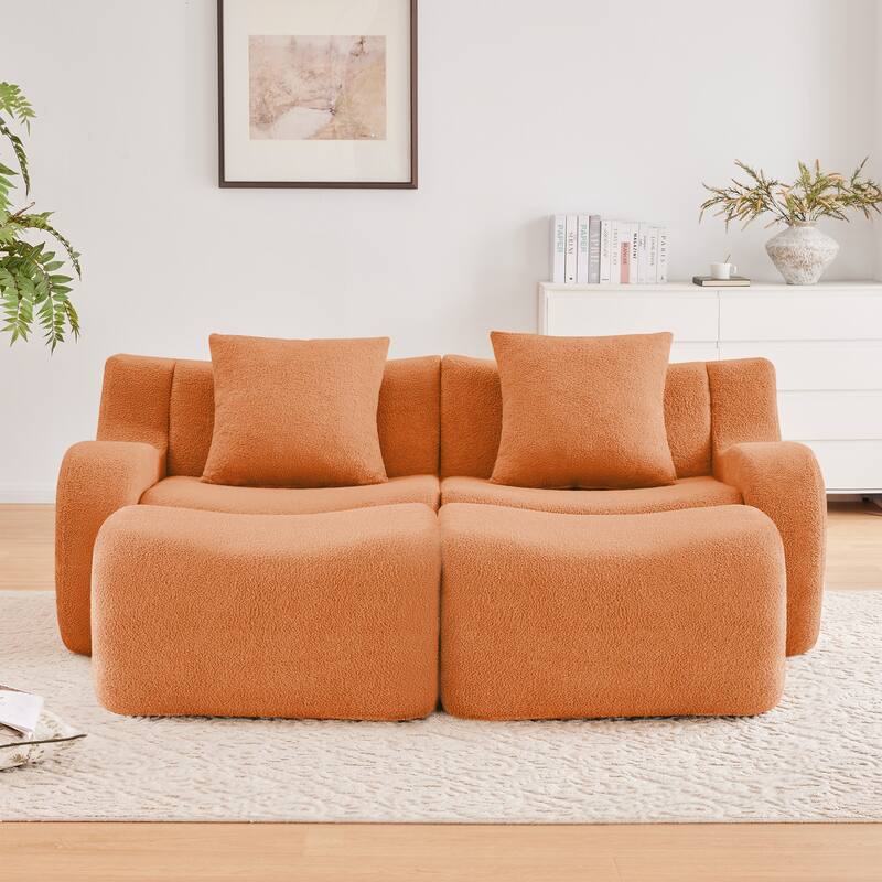 Teddy Fabric Boneless Sectional Sofa Set with 2 Ottoman, Modern Chaise Lounge Sofa with Curved Armrests, Anti-Slip Base