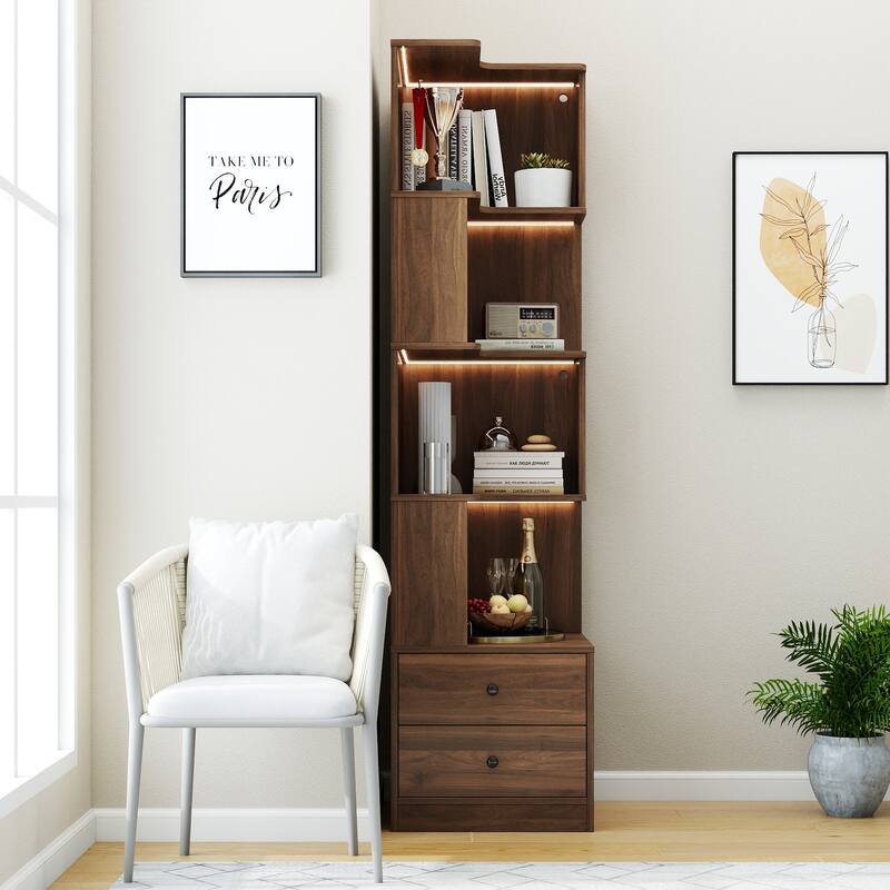 L-Shaped Corner Bookshelf with Drawers and LED Lights, 4-Tier Freestanding Display Stand for Home Office
