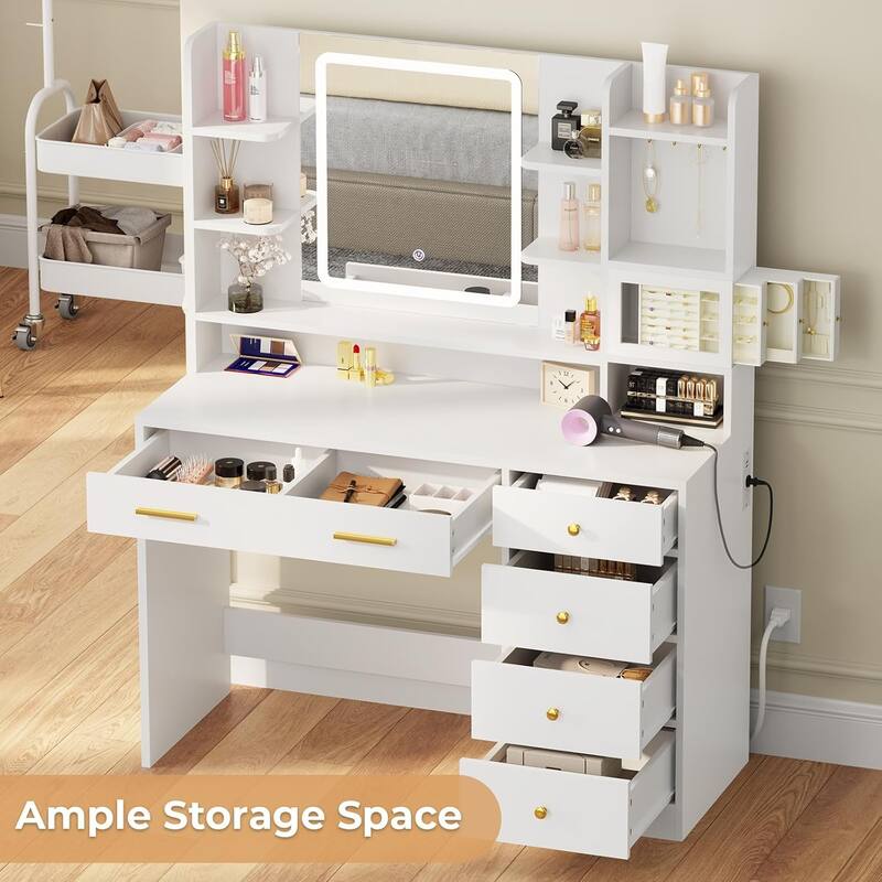Vanity Desk with Mirror and Lights 6 Drawers 8 Open Shelves Jewelry Box