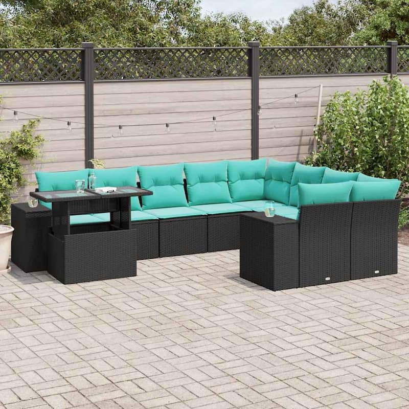 vidaXL Patio Sofa Set with Cushions Table and Couches 10 Piece Poly Rattan - 24.4" x 24.4" x 27.2" - Black