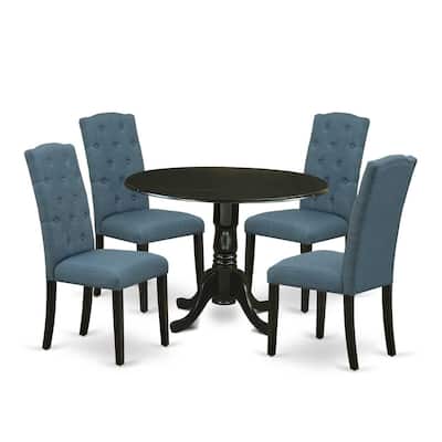 HomeStock 5-Piece Round Black Finish Solid Wood Top Dining Table with 4-Parson Chair with Drop Leaf Lattice Back