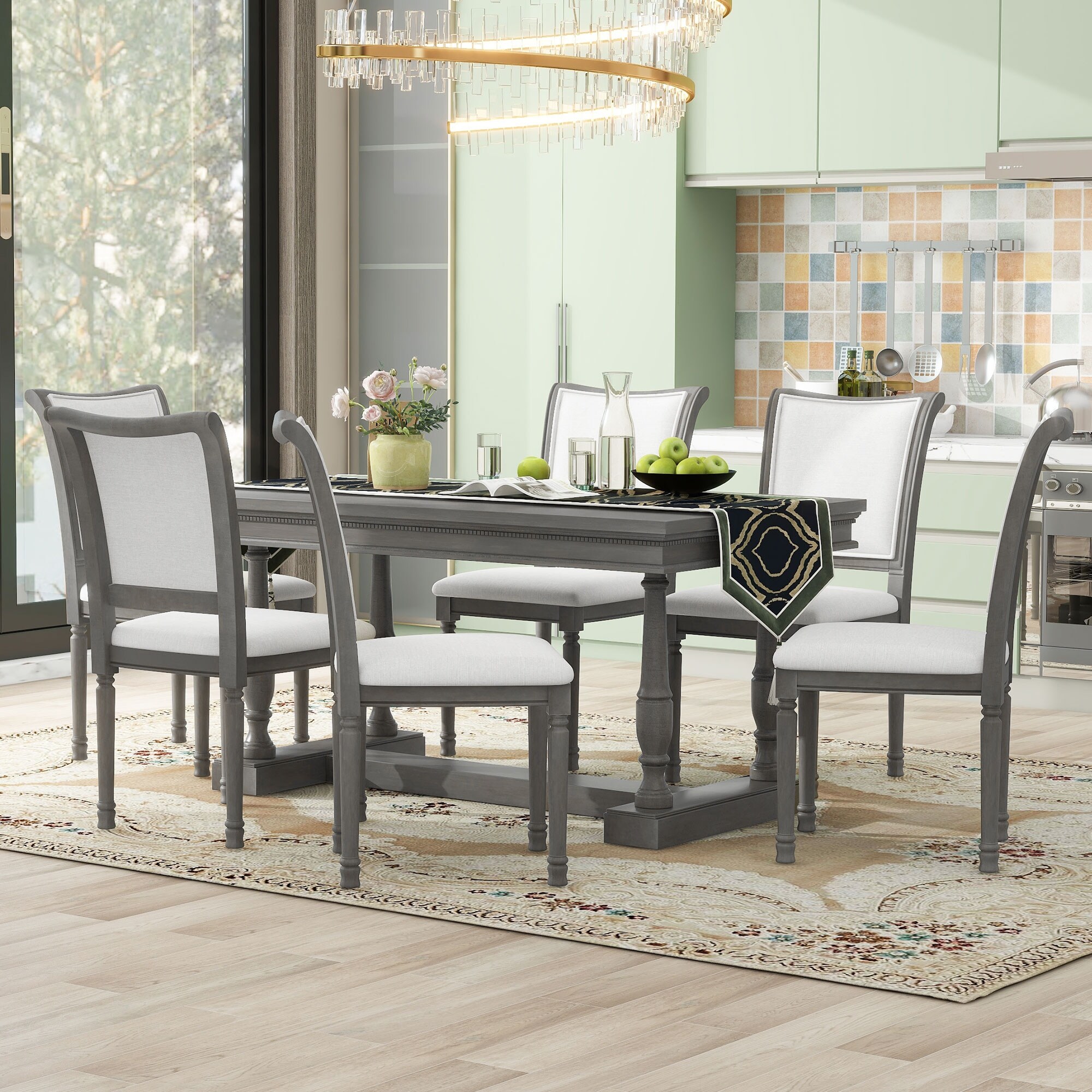 Gray 7 Piece Dining Table Set w 6 Ergonomic Seat Back Dining