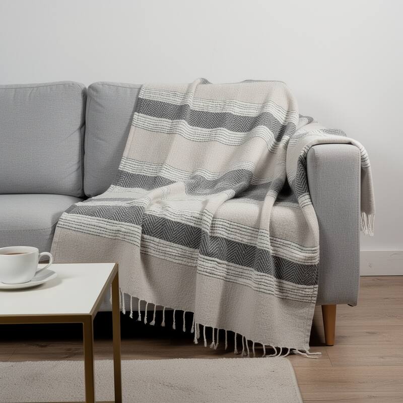 HomeRoots 50" X 60" Gray Cotton Woven Striped Throw Blanket with Fringe - Throw - Gray
