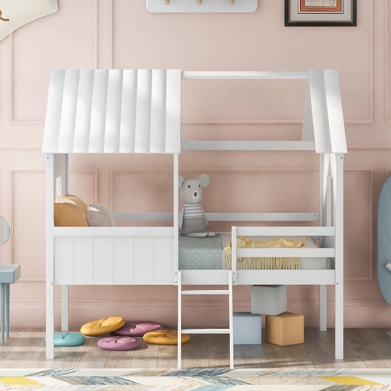 Twin Size Low Loft Wood House bed with Two Side Windows (White)