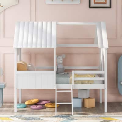 Twin Size Low Loft Wood House bed with Two Side Windows (White)