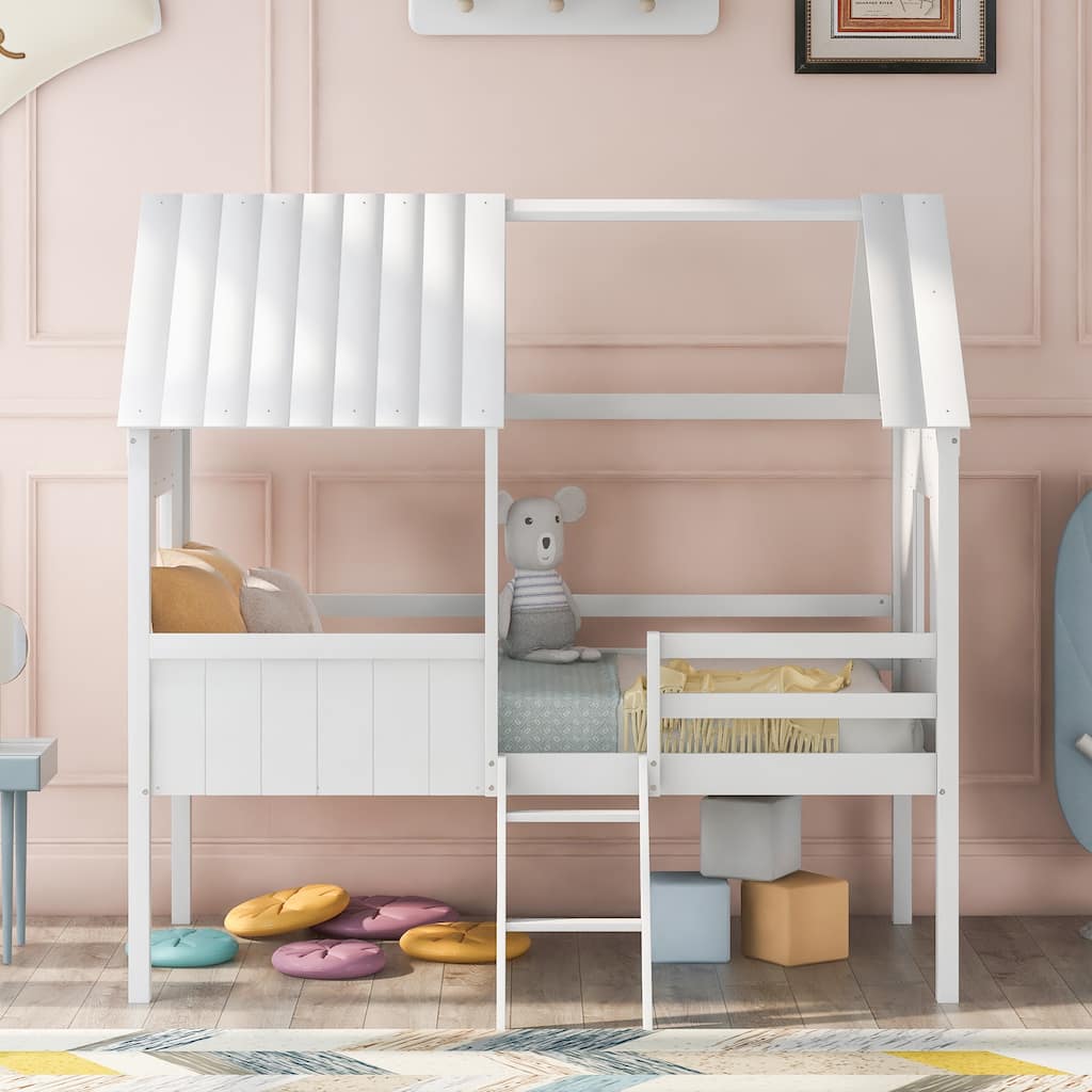 Twin Size Low Loft Wood House bed with Two Side Windows (White)