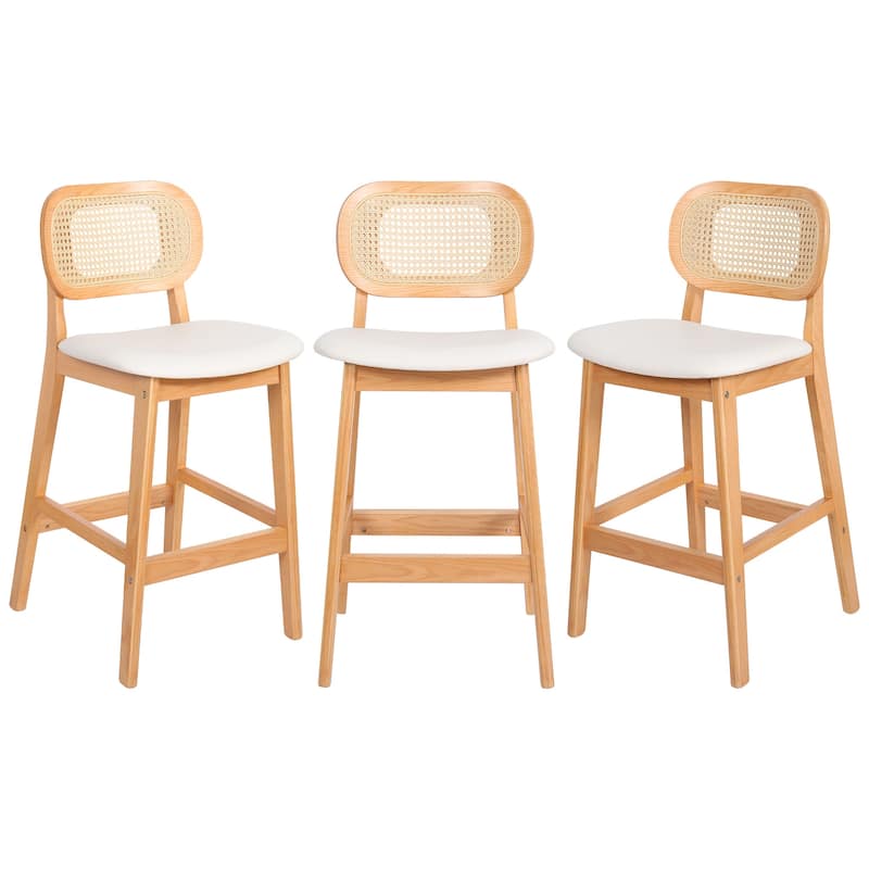 Wood Upholstered Counter Height Bar Stools with Rattan Back - 36.81"H x 17.72"W x 18.7"D - Set of 3 - Cream Faux Leather/ Natural Frame