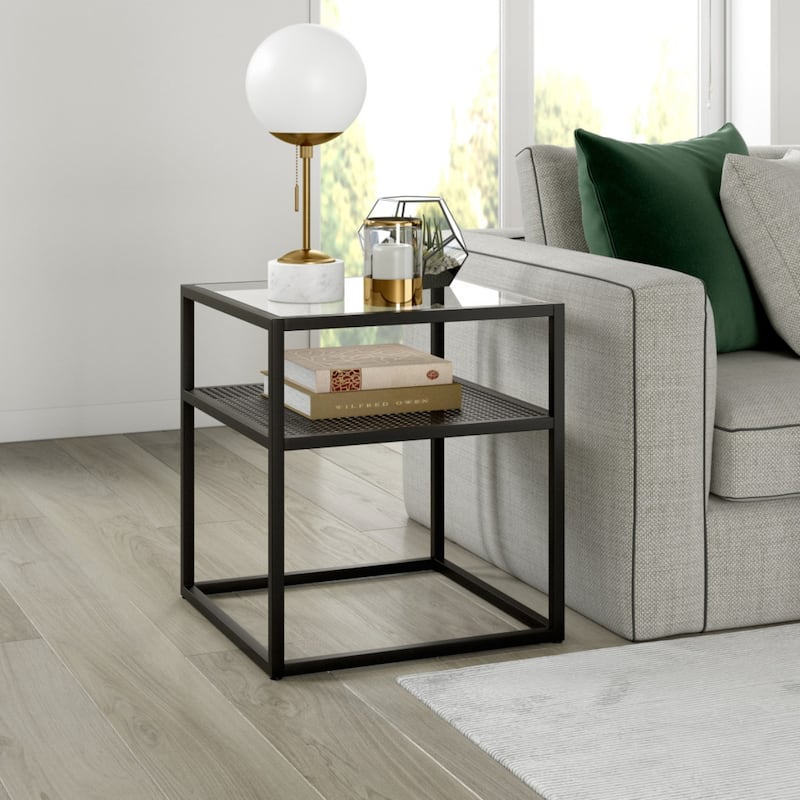 Modern Square Glass End Table with Black Steel Frame Bronze Finish Accent Table with Shelf & Storage - 20"W x 20"D x 22"H