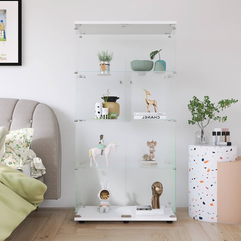 Two-door Glass Display Cabinet 4 Shelves with Door, Floor Standing Curio Bookshelf