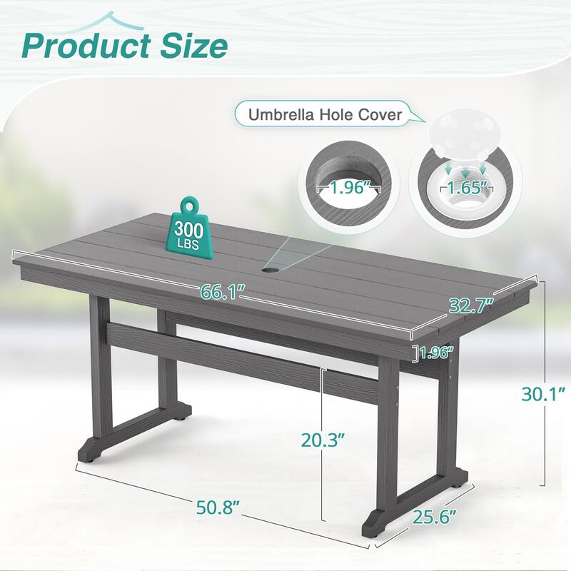 A 66.1-inch HDPS Outdoor Rectangular Table With Umbrella Holes - 32.7" W x 66.1" L x 30.1" H