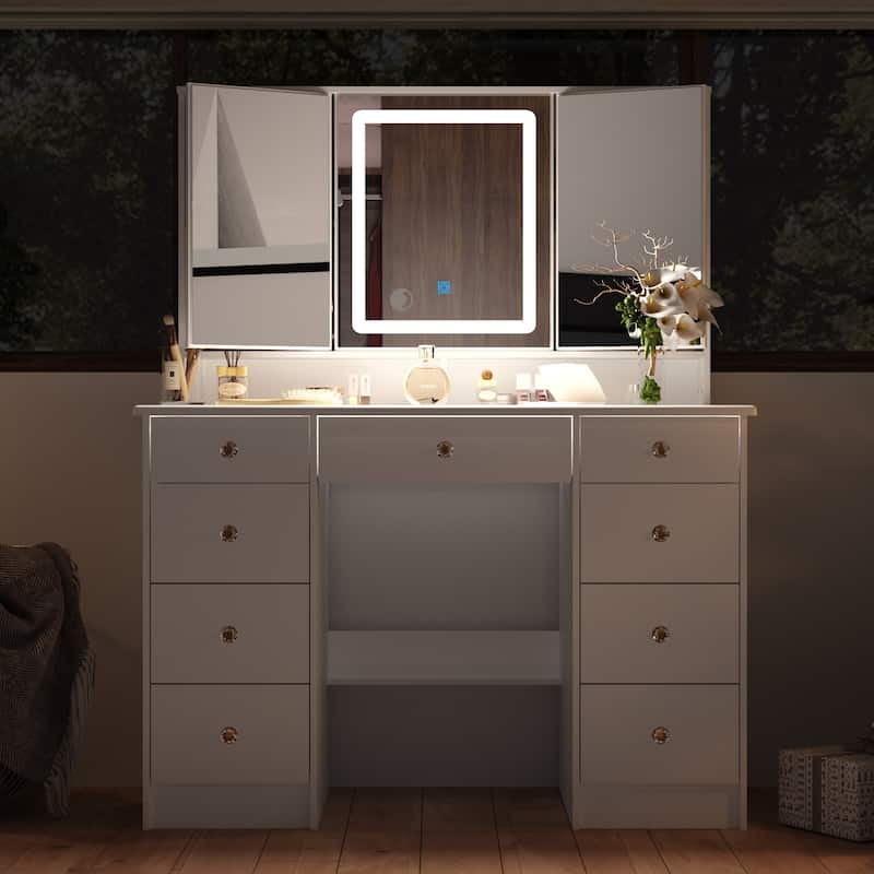 Vanity Desk with Lights, Makeup Vanity with Lights 3 Colors,9 Drawers - 53.9"H