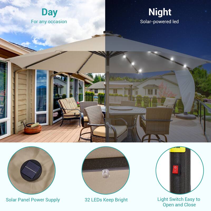 BONOSUKI 9ft Patio Solar Umbrella LED Patio Market Steel Tilt w/Crank