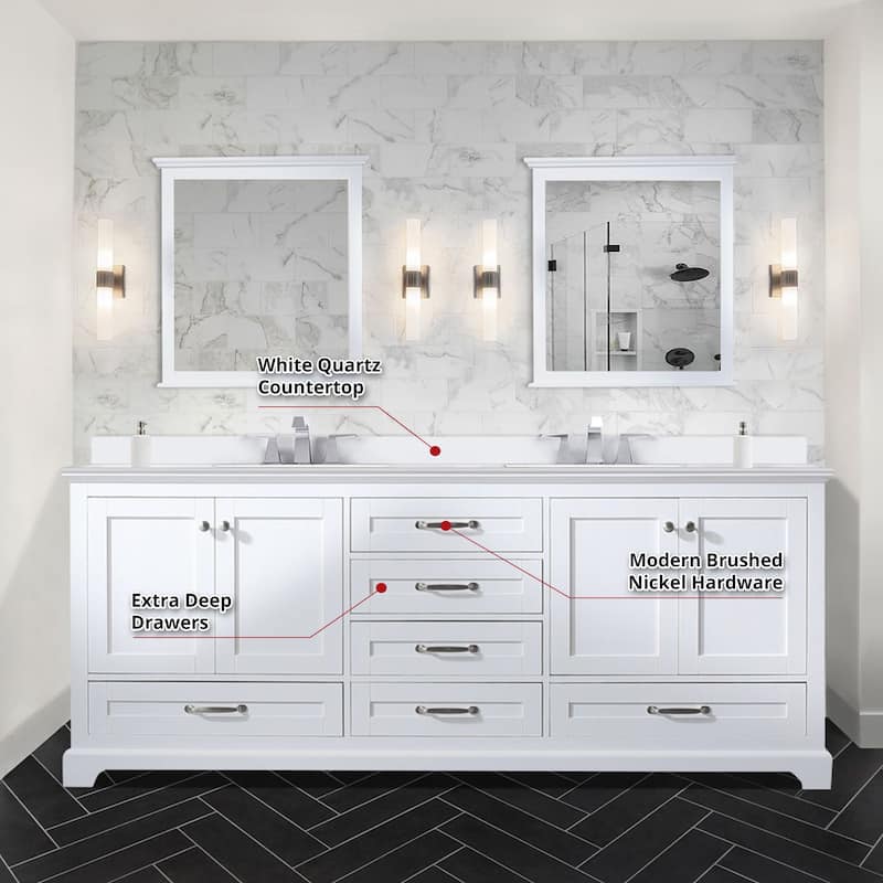 Dukes 80 in. W x 22 in. D White Double Bath Vanity, White Quartz Top, and 30 in. Mirrors