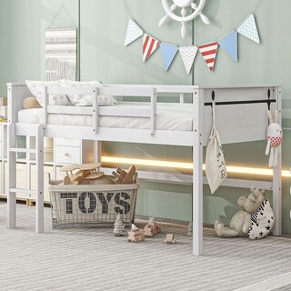 White Twin Size Solid Pine Wood Loft Bed with Hanging Clothes Racks, Guardrail