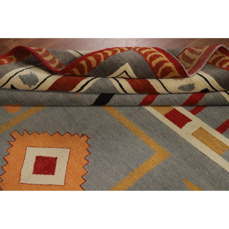 Hand Knotted Oriental 100% Wool Carpet Modern Geometric Greys & Charcoal Gabbeh Area Rug - 9' 11'' X 8' 1''