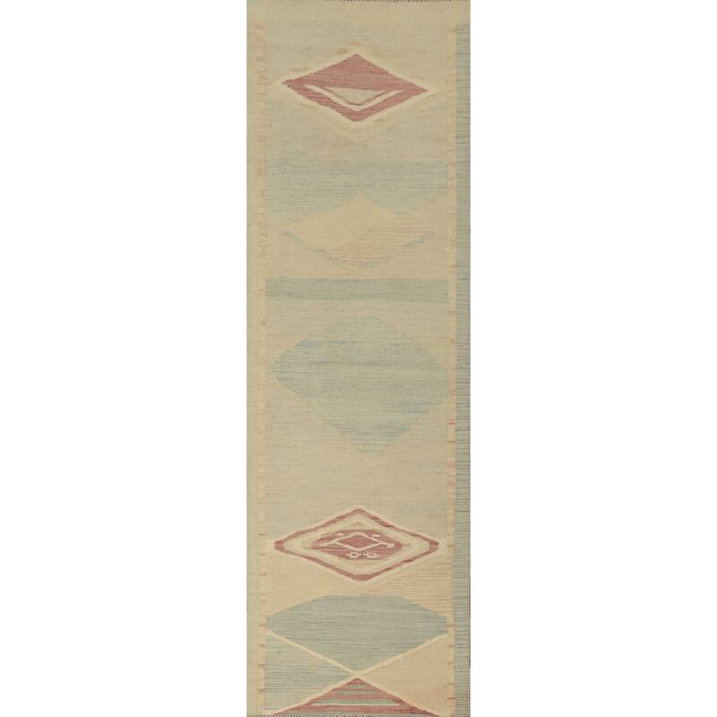 Hand Woven Oriental 100% Wool Carpet Southwestern Geometric Navy Blue & Blues Kilim Runner Rug - 7' 9'' X 2' 0''