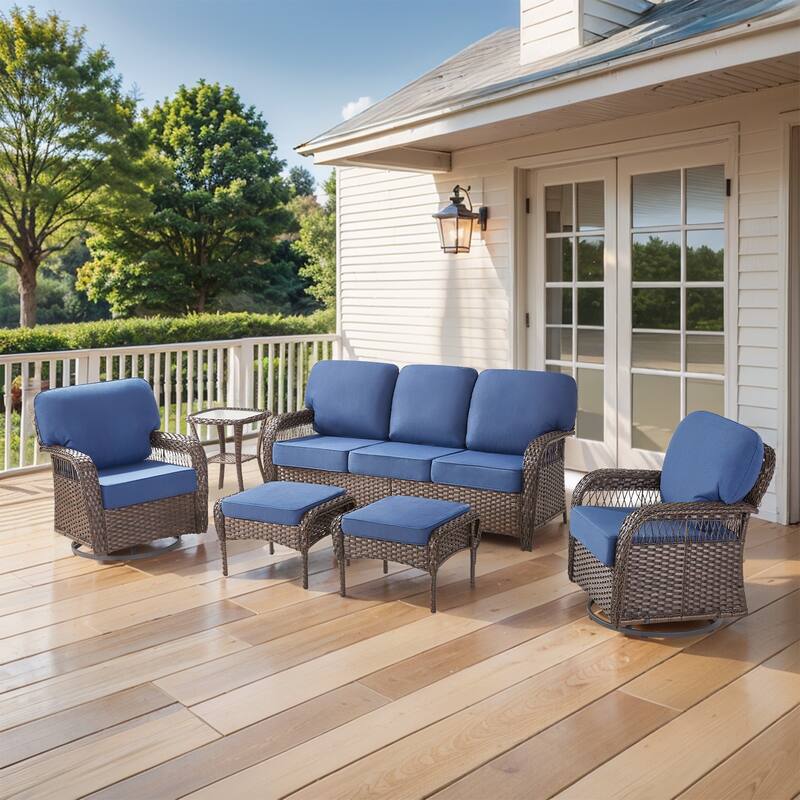 Pocassy Patio Outdoor Sofa Ottoman with Swivel Chair Table - Brown Wicker Blue Cushion - 5-Piece Sofa Swivel Chair Table with Ottoman