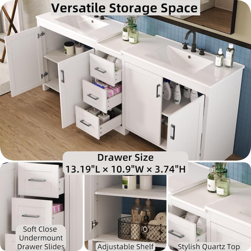 84" Double-Sink Bathroom Vanity with Quartz Countertop, 2 Ceramic Sinks, 3 Drawers, and Adjustable Shelves