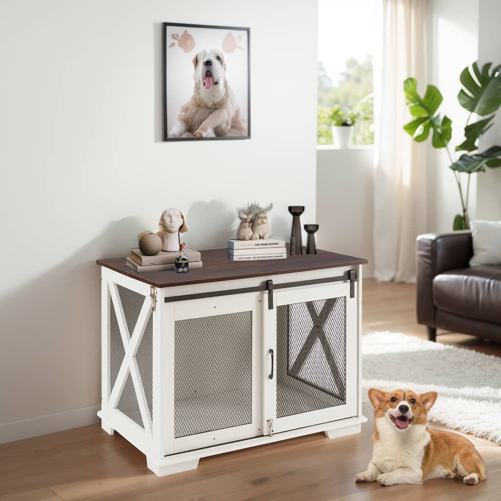 37'' Farmhouse Dog Crate Furniture Side End Table,Kennel Indoor