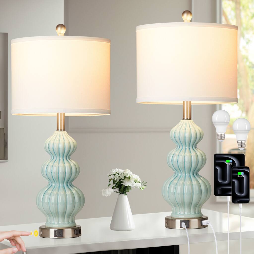 Table Lamps Ceramic Cyan Drum Shade USB Charging Port AC Outlet Touch Switch (Set of 2) - 12'' x 12'' x 25'' (L x W x H)