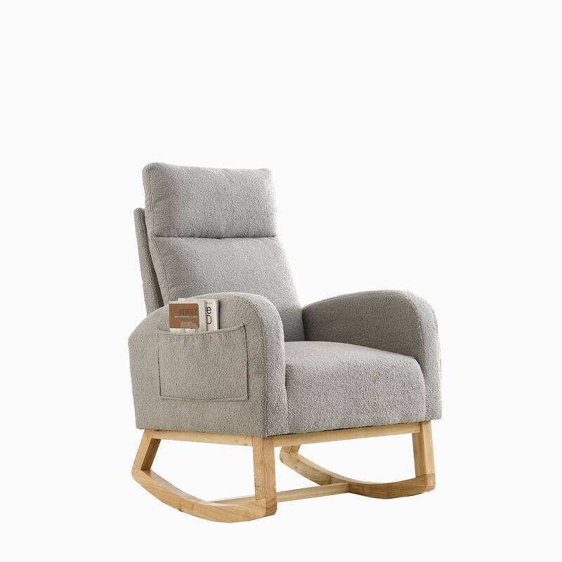 High Backrest Rocking Chair with Rubber Wood Base and Two Side Pocket