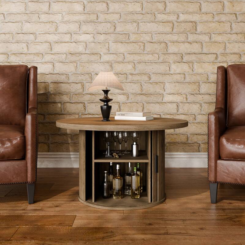 Mid Century Modern Round Coffee Table with Storage, Tambour Door Design Table for Living Room