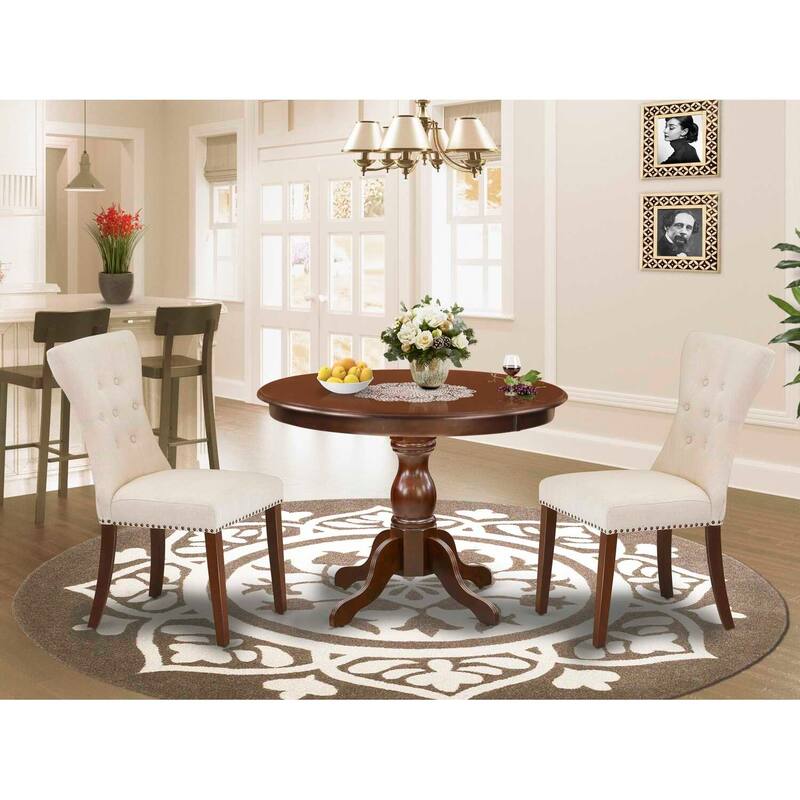 3-Piece Mahogany Finish Solid Wood Top - Round Button Tufted Dining Room Set - Seats 4