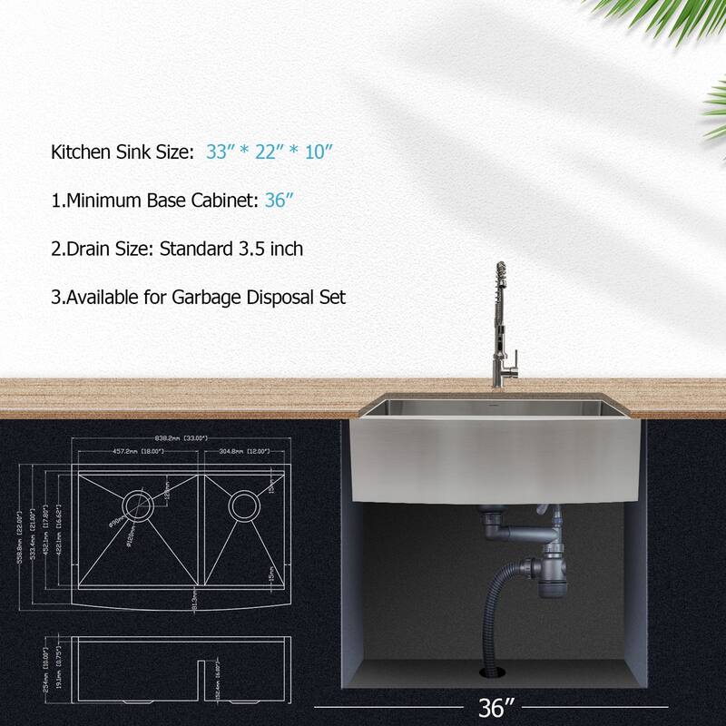 33 Inch Kitchen Sink Apron Front Ledge Workstation Low Divide Double Bowl 60/40 16 Gauge Stainless Steel Farm Kitchen Sink