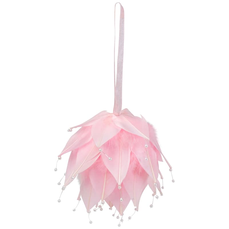 Feathered Ball with Pearls Christmas Ornament - 4.25" - Pink and White