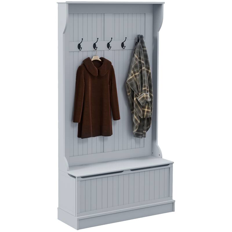 Modern Coat Rack with Anti-Tip Device Storage Bench 5 Hooks and Shoe Cabinet, for Entry and Hallway, Distressed White - Grey