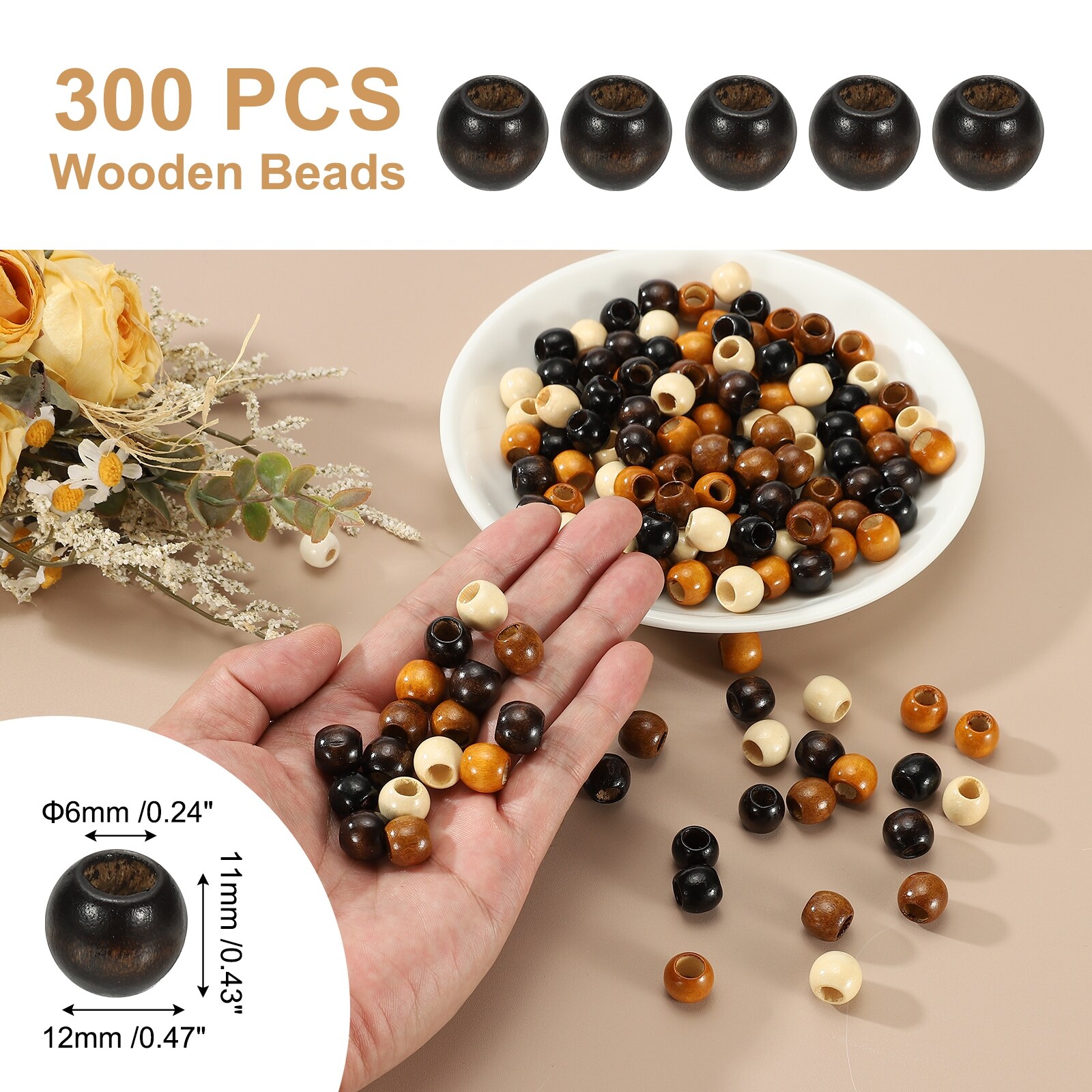 Wooden Beads for Craft Making, Round Beads Loose Spacer Beads for Macrame