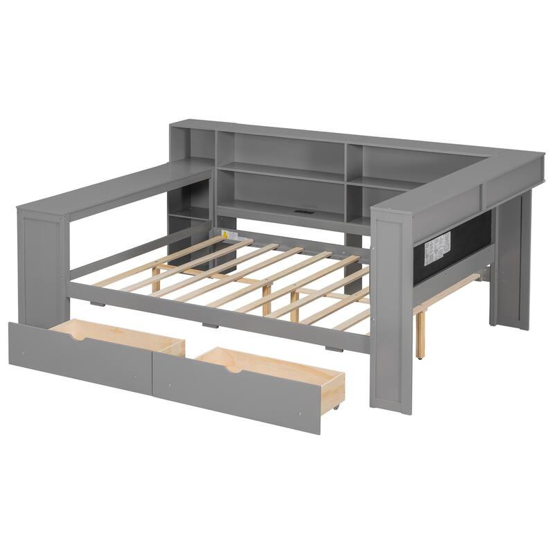 Wood Daybed Twin Size Platform Bed with Storage Shelves, Drawers, Charging Station, Desk, LED and Upholstered Cushion Headboard