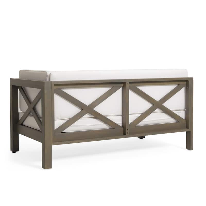 Roomfitters X-Back Corner Bench with Coffee Table, Outdoor Wooden Patio Sofa with Cushions for Garden or Porch