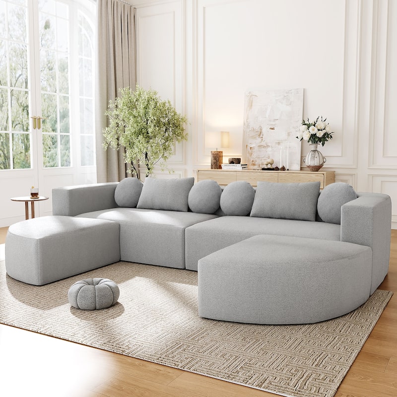 Curved Modular Sectional Boneless Upholstered Sofa Convertible Sleeper Sofa Bed, Free Combination, Boucle Deep Seating Sofa