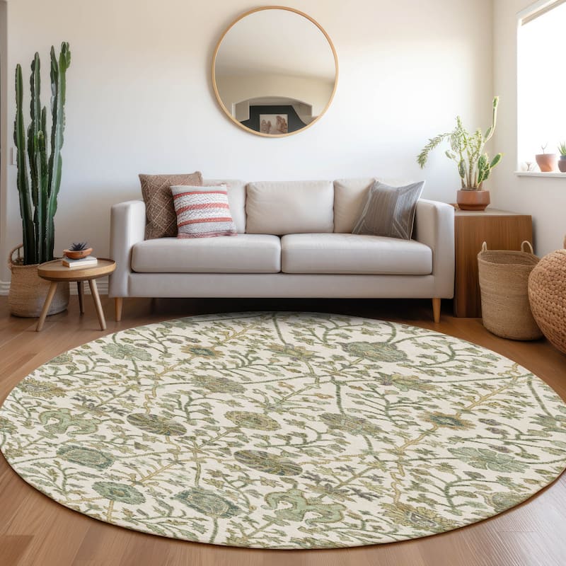 Machine Washable Indoor/ Outdoor Traditional Kashan Chantille Rug - Ivory - 8' x 8'