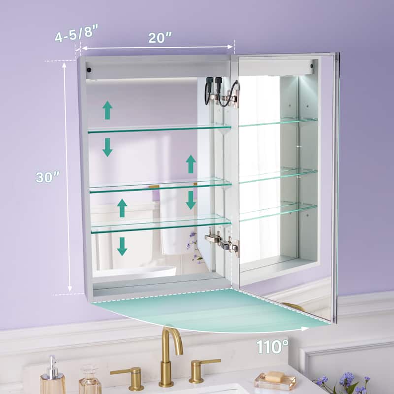 Recessed or Surface 30" H LED Mirror Cabinet with Adjustable Glass Shelves,Defogger, Dimmer And Outlets & USB Ports