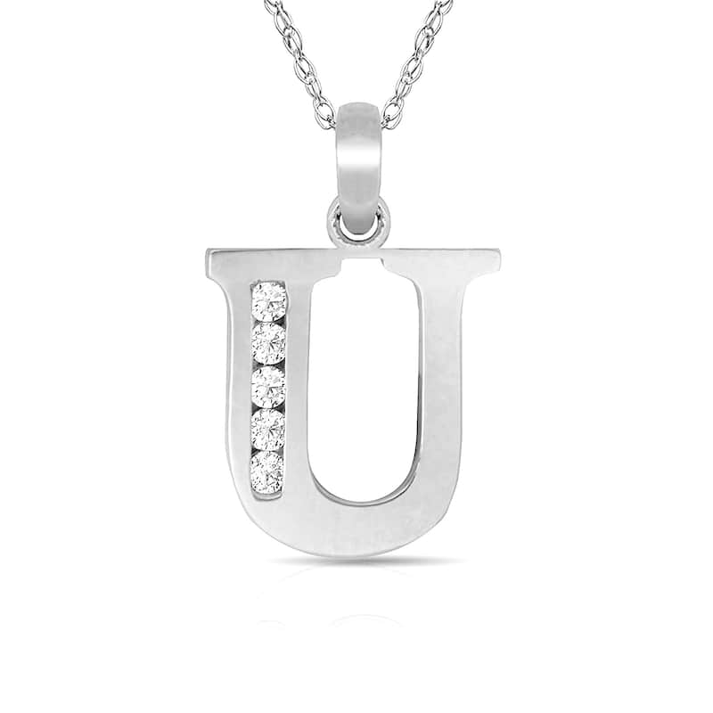 Curata 14k White Gold, 18" Small Channel-set (A-Z) Cubic Zirconia Initial Pendant Necklace - U