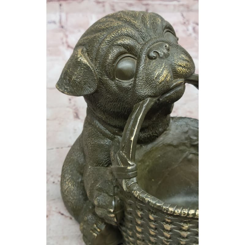 Bronze Pug Puppy Holding Woven Basket – Dog Figurine