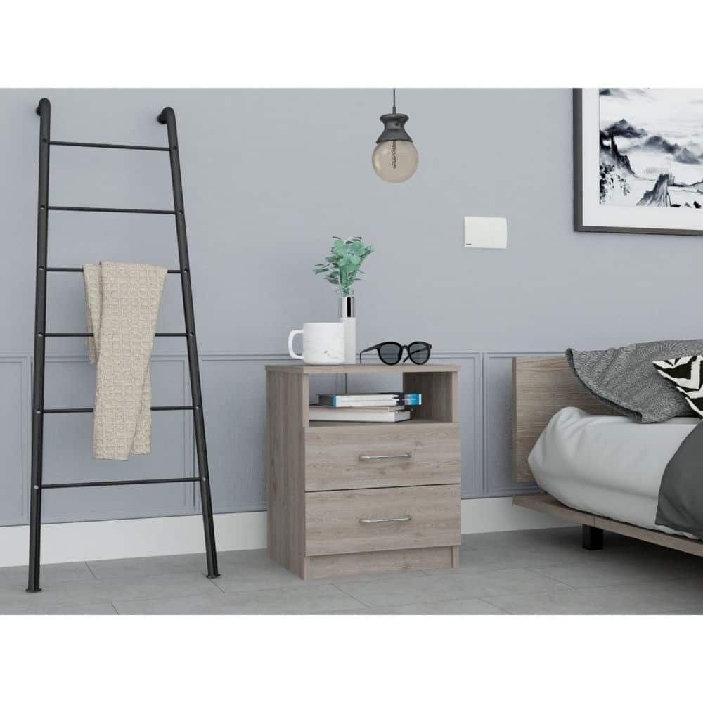 Modern Light Gray Nightstand with Two Drawers and Shelf, Compact and Functional for Bedroom or Living Room