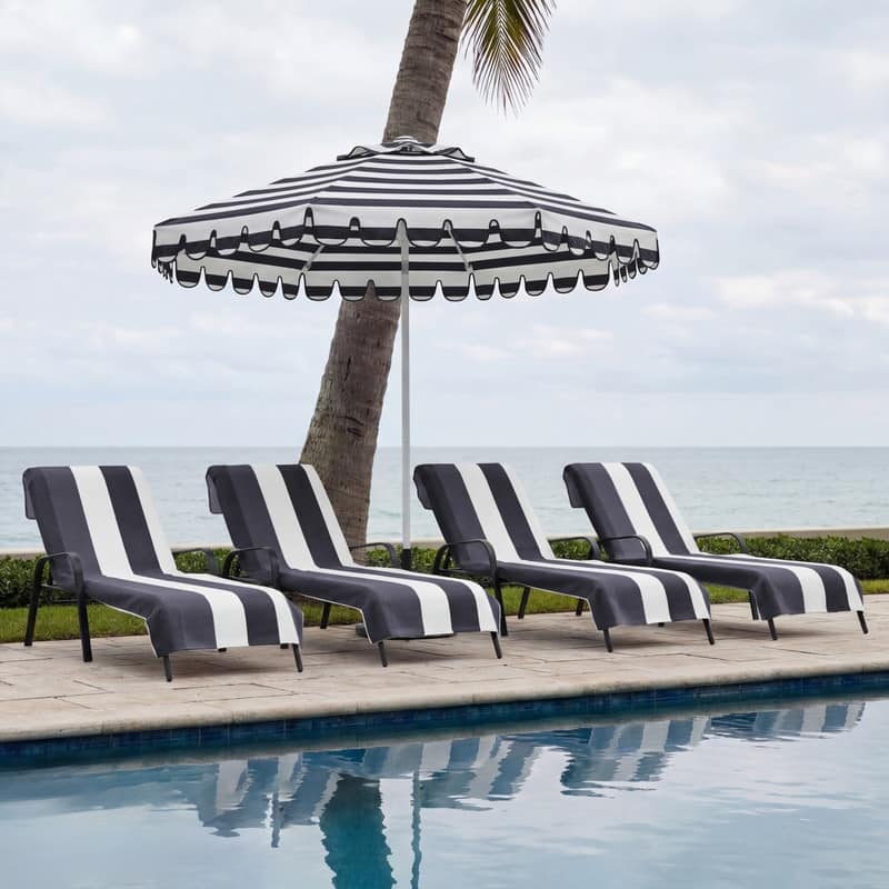 100% Cotton Cabana‑Stripe Lounge Chair Cover Terry Towel with Fitted Pocket & Back Flap Set of 4 - Charcoal