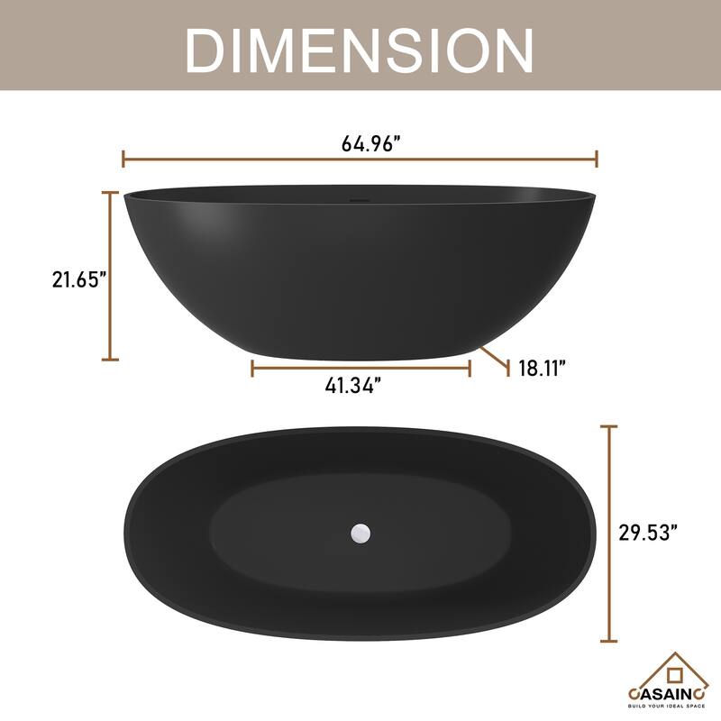65" Solid Surface Freestanding Bathtub in Matte Black/Grey - 65 inches