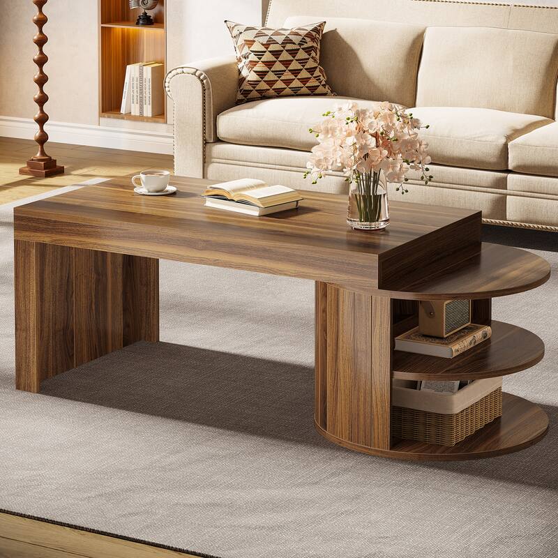 39 Inches Rustic Coffee Table with Storage Shelves - 39.3" L x 23.6" W x 19.69" H - Bown